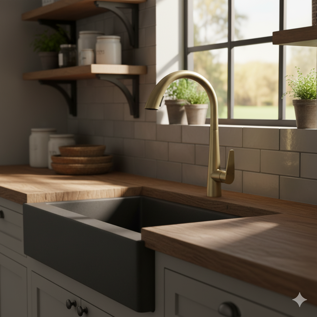 Mitigeur de Cuisine avec Douchette Étirable Cigno – Finition Or Brossé